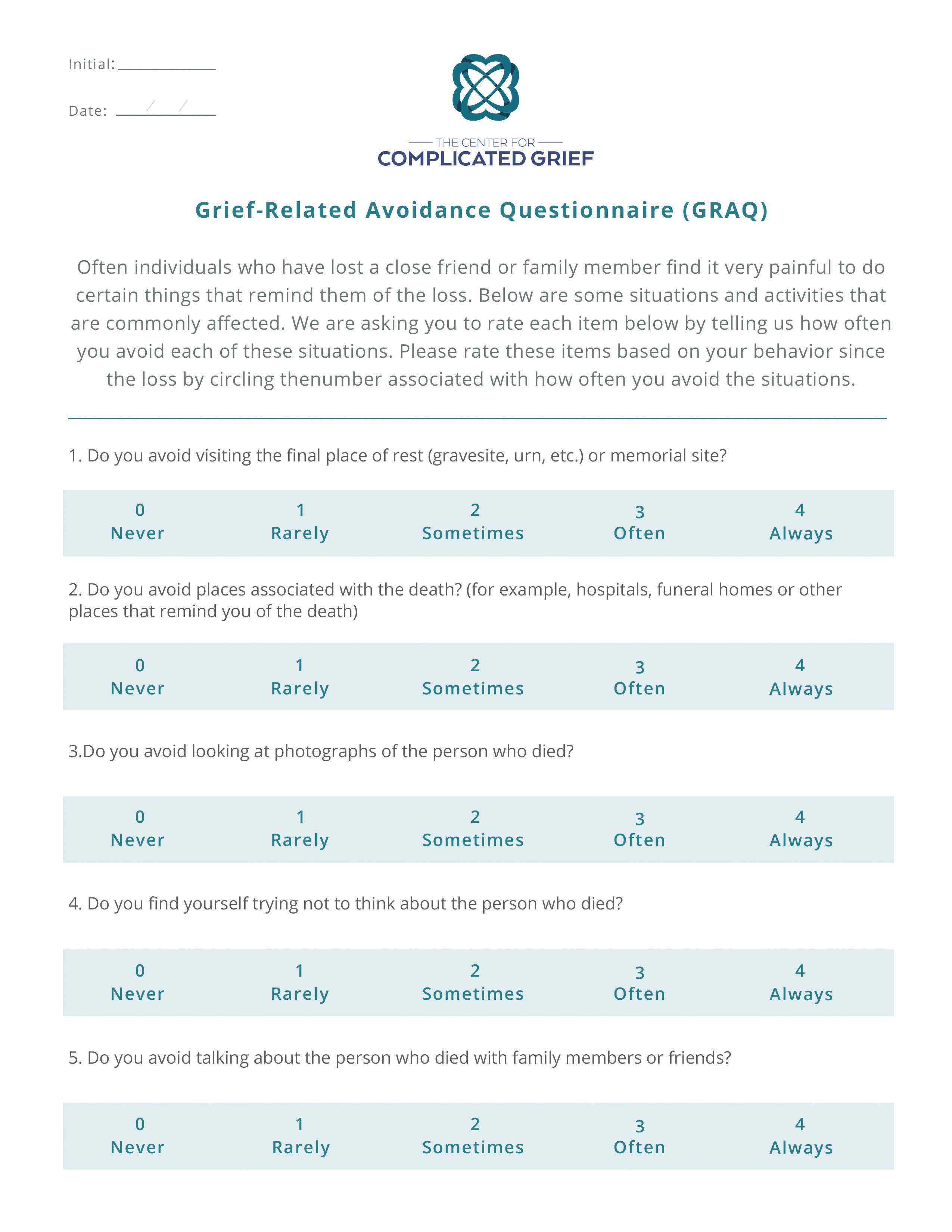 Grief related avoidance questionnaire graq the center for prolonged